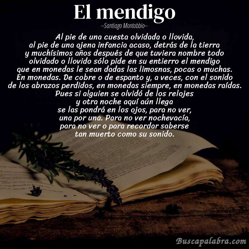 Poema el mendigo de Santiago Montobbio con fondo de libro