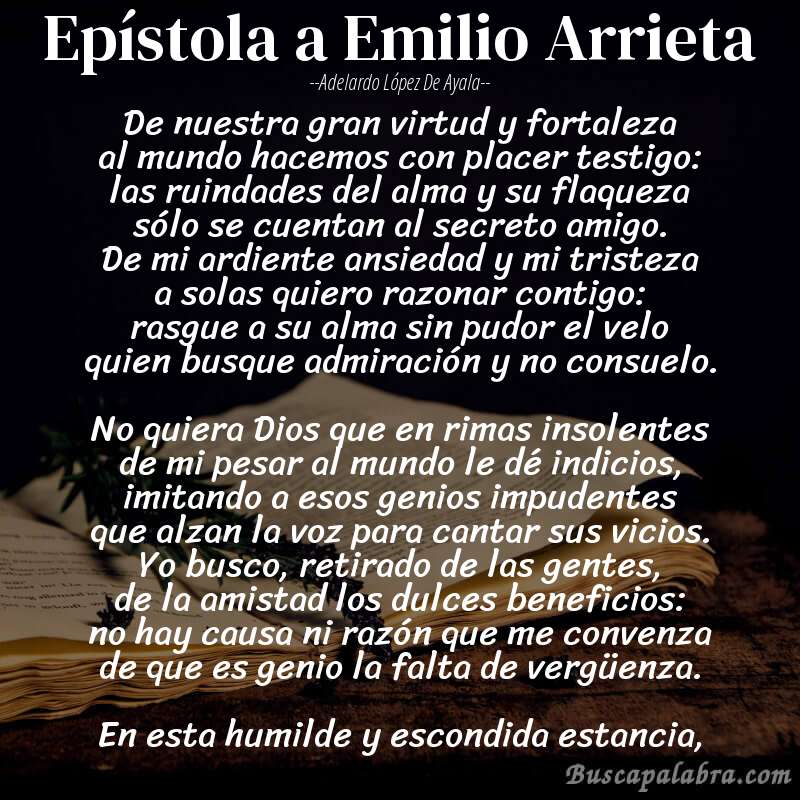 Poema Epístola a Emilio Arrieta de Adelardo López de Ayala con fondo de libro