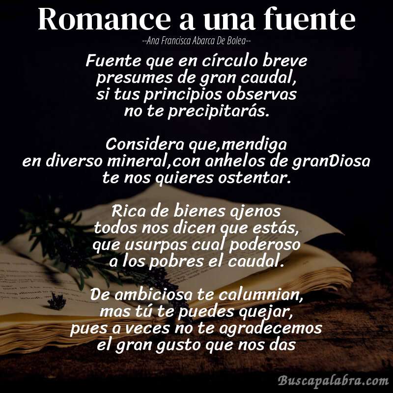 Poema Romance a una fuente de Ana Francisca Abarca de Bolea con fondo de libro
