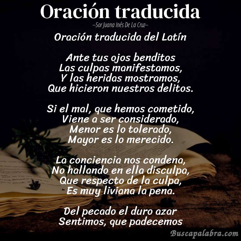 Poema Oración traducida de Sor Juana Inés de la Cruz con fondo de libro