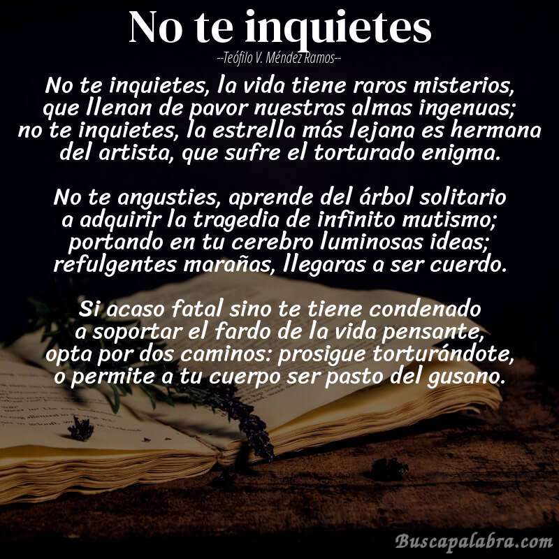 Poema No te inquietes de Teófilo V. Méndez Ramos con fondo de libro