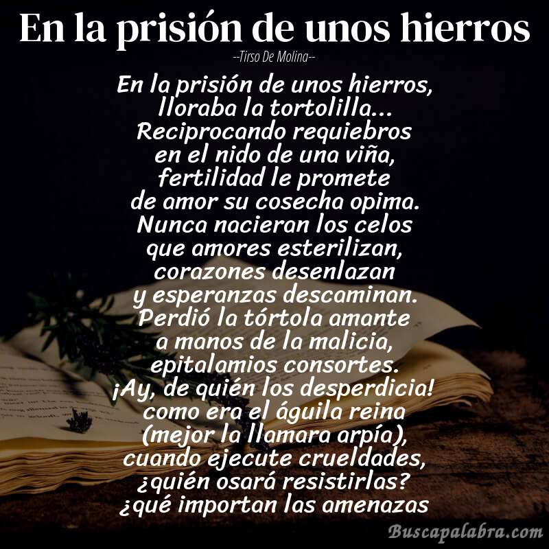 Poema en la prisión de unos hierros de Tirso de Molina con fondo de libro