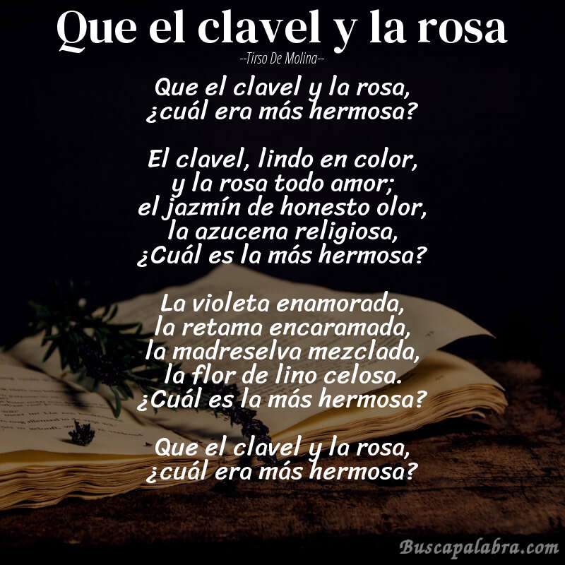 Poema Que el clavel y la rosa de Tirso de Molina con fondo de libro