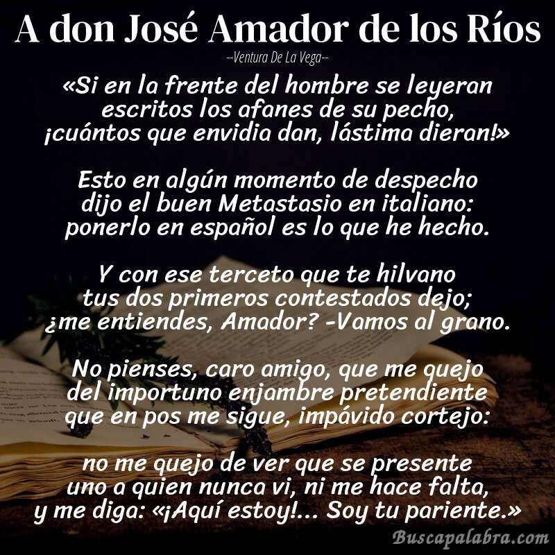 Poema A don José Amador de los Ríos de Ventura de la Vega con fondo de libro