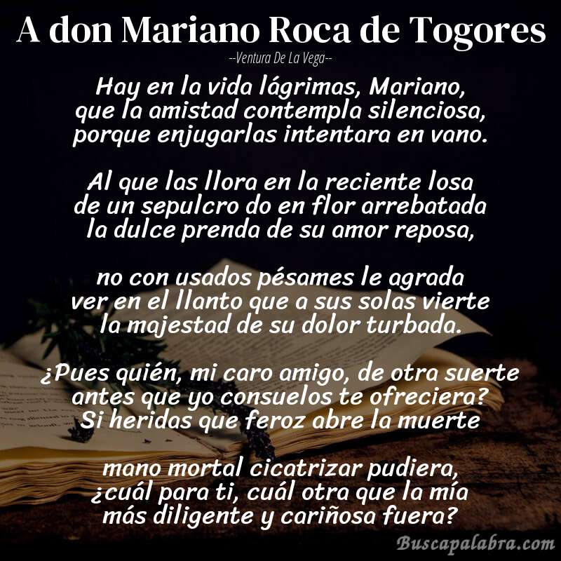 Poema A don Mariano Roca de Togores de Ventura de la Vega con fondo de libro
