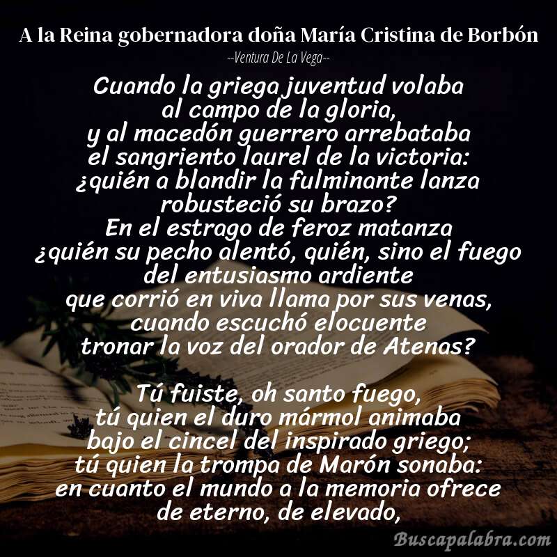 Poema A la Reina gobernadora doña María Cristina de Borbón de Ventura de la Vega con fondo de libro