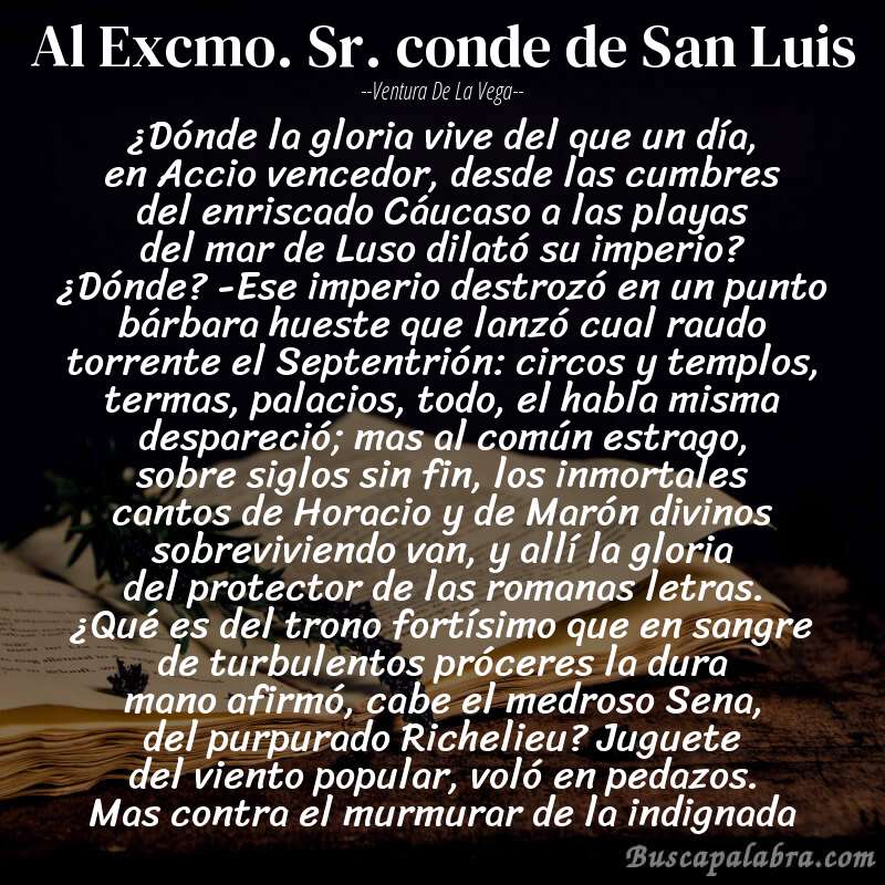 Poema Al Excmo. Sr. conde de San Luis de Ventura de la Vega con fondo de libro