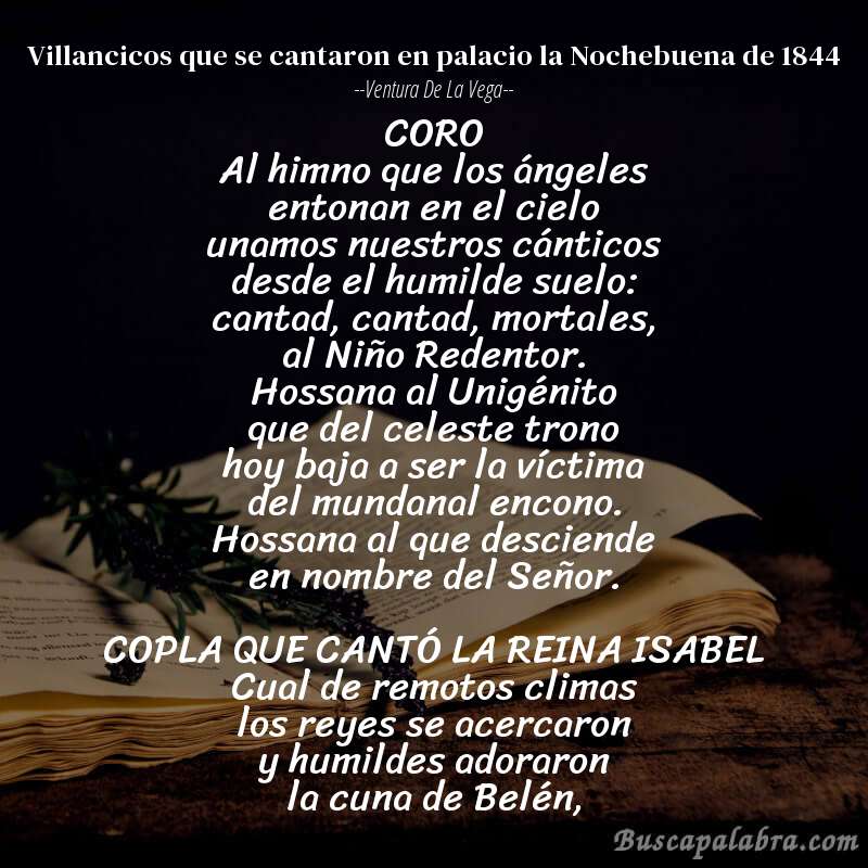 Poema Villancicos que se cantaron en palacio la Nochebuena de 1844 de Ventura de la Vega con fondo de libro