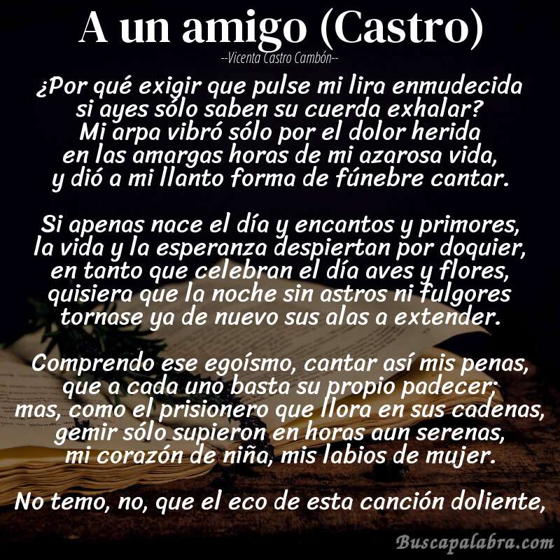 Poema A un amigo (Castro) de Vicenta Castro Cambón con fondo de libro