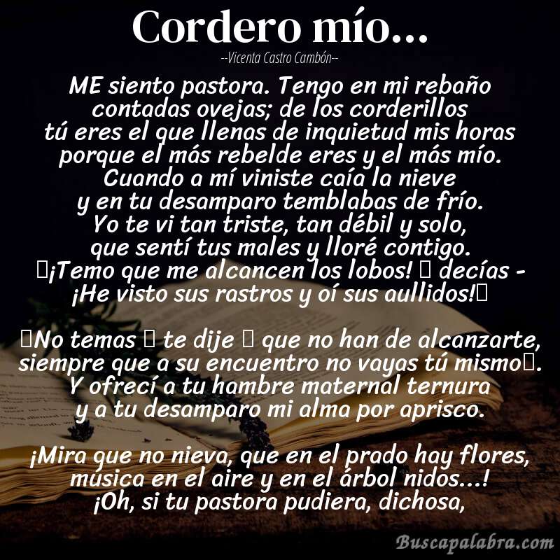 Poema Cordero mío... de Vicenta Castro Cambón con fondo de libro