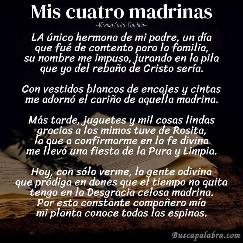 Poema Mis cuatro madrinas de Vicenta Castro Cambón con fondo de libro