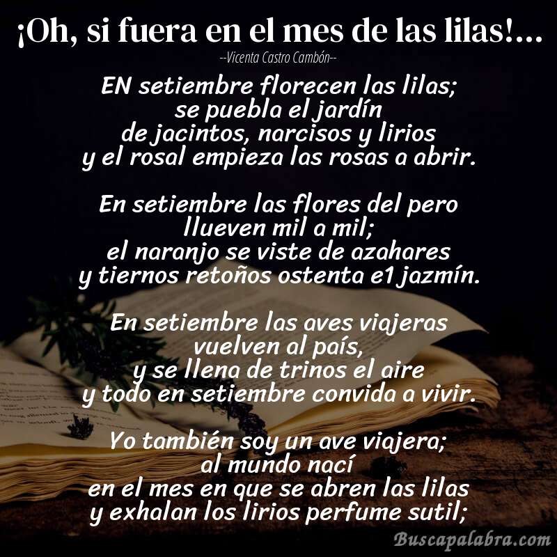 Poema ¡Oh, si fuera en el mes de las lilas!... de Vicenta Castro Cambón con fondo de libro