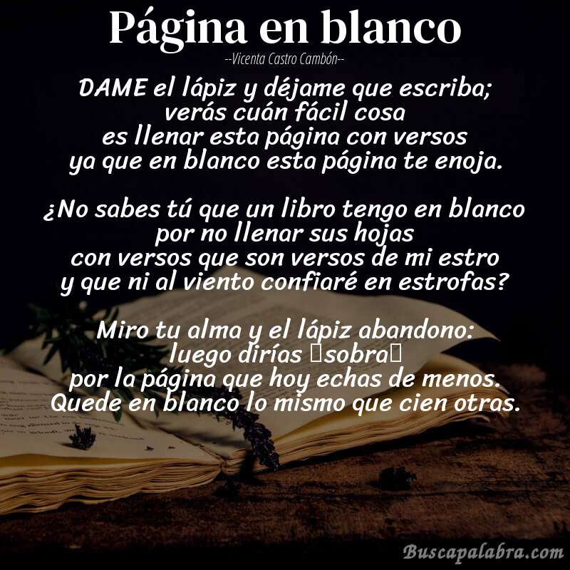 Poema Página en blanco de Vicenta Castro Cambón con fondo de libro