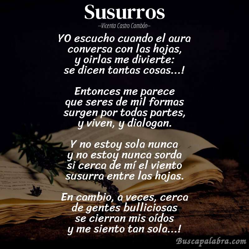 Poema Susurros de Vicenta Castro Cambón con fondo de libro