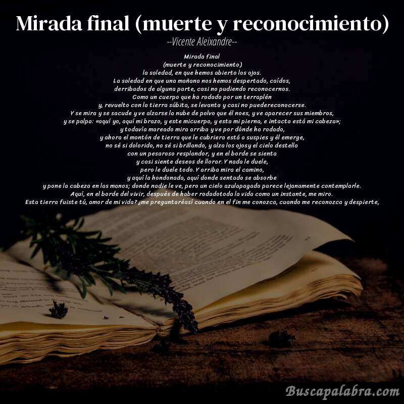 Poema mirada final (muerte y reconocimiento) de Vicente Aleixandre con fondo de libro