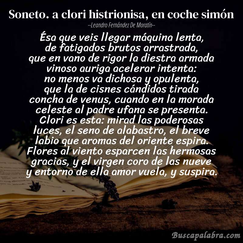 Poema soneto. a clori histrionisa, en coche simón de Leandro Fernández de Moratín con fondo de libro