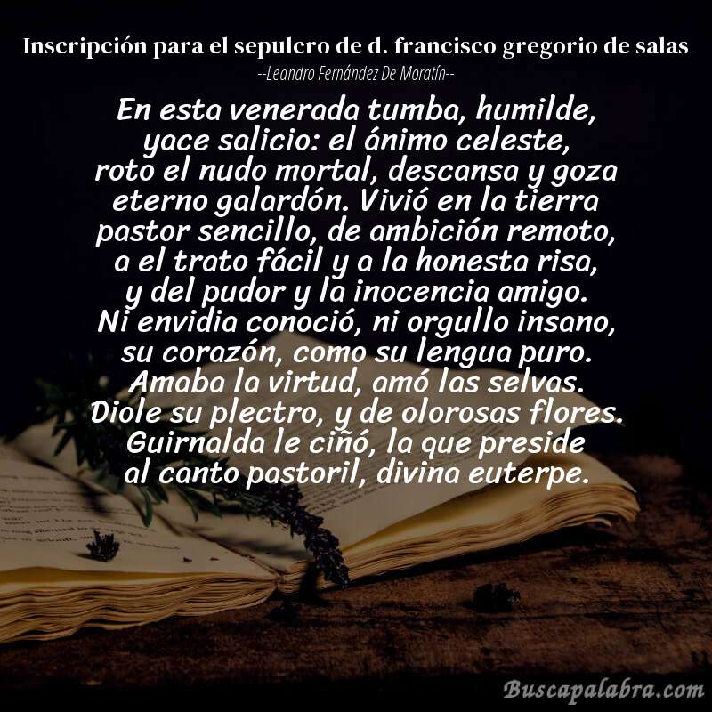 Poema inscripción para el sepulcro de d. francisco gregorio de salas de Leandro Fernández de Moratín con fondo de libro