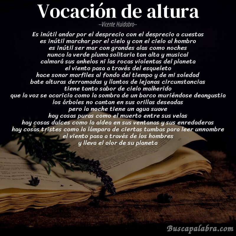Poema vocación de altura de Vicente Huidobro con fondo de libro