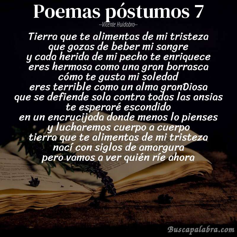 Poema poemas póstumos 7 de Vicente Huidobro con fondo de libro