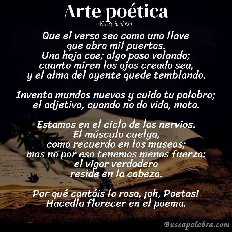Poema Arte poética de Vicente Huidobro con fondo de libro