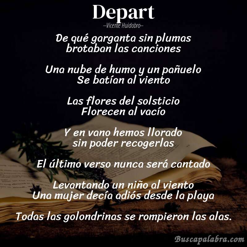 Poema Depart de Vicente Huidobro con fondo de libro