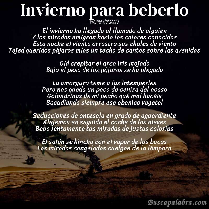 Poema Invierno para beberlo de Vicente Huidobro con fondo de libro