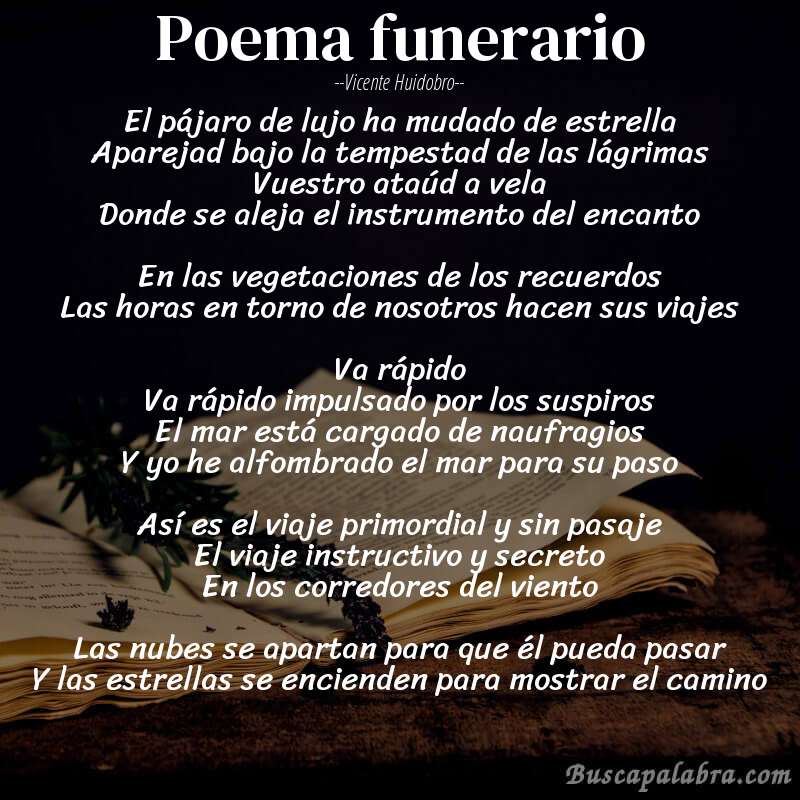 Poema Poema funerario de Vicente Huidobro con fondo de libro
