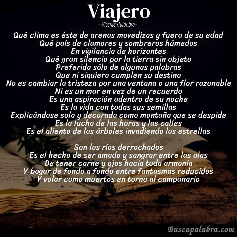 Poema Viajero de Vicente Huidobro con fondo de libro