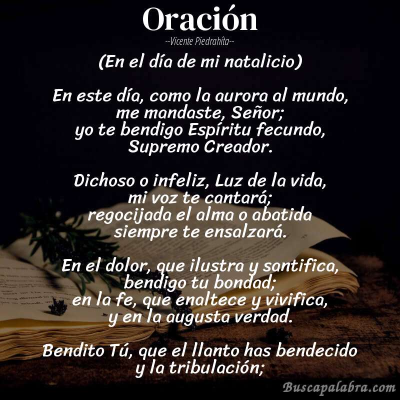 Poema Oración de Vicente Piedrahíta con fondo de libro