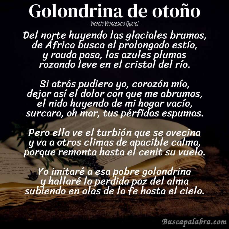 Poema Golondrina de otoño de Vicente Wenceslao Querol con fondo de libro