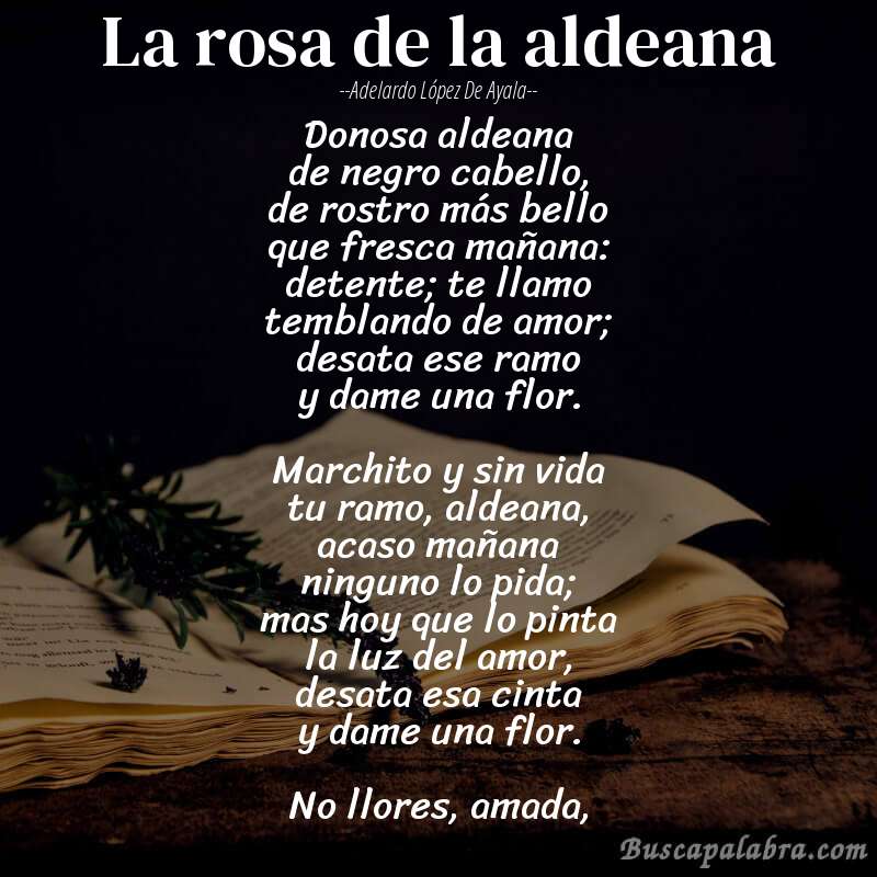 Poema La rosa de la aldeana de Adelardo López de Ayala con fondo de libro
