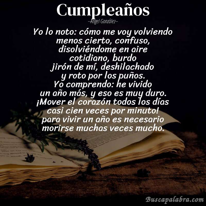 Poema cumpleaños de Angel González con fondo de libro