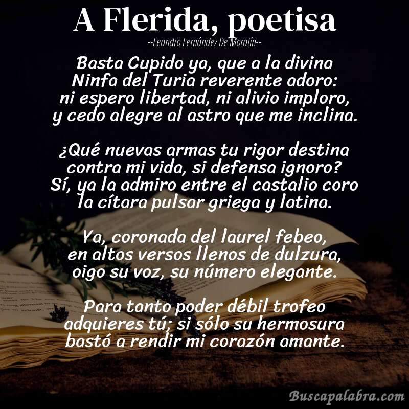 Poema A Flerida, poetisa de Leandro Fernández de Moratín con fondo de libro