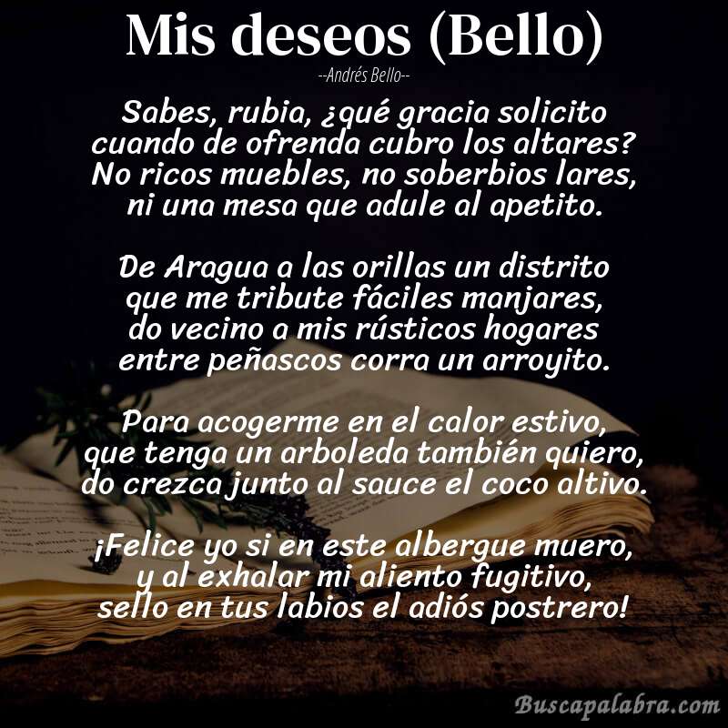 Poema Mis deseos (Bello) de Andrés Bello con fondo de libro