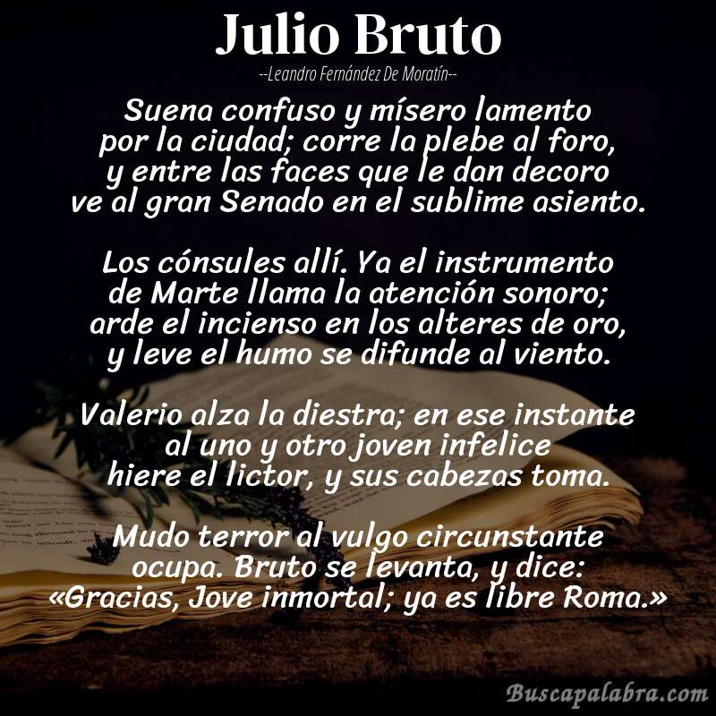 Poema Julio Bruto de Leandro Fernández de Moratín con fondo de libro
