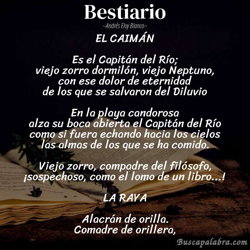 Poema Bestiario de Andrés Eloy Blanco con fondo de libro