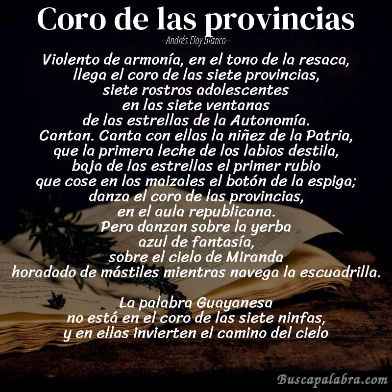 Poema Coro de las provincias de Andrés Eloy Blanco con fondo de libro