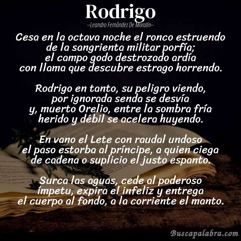 Poema Rodrigo de Leandro Fernández de Moratín con fondo de libro