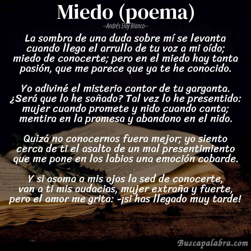 Poema Miedo (poema) de Andrés Eloy Blanco con fondo de libro