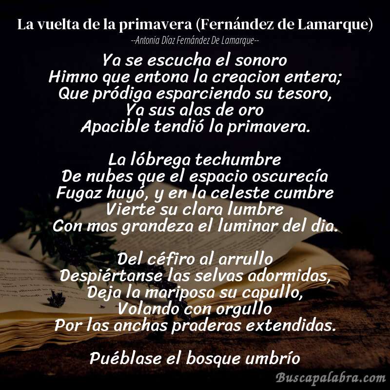 Poema La vuelta de la primavera (Fernández de Lamarque) de Antonia Díaz Fernández de Lamarque con fondo de libro