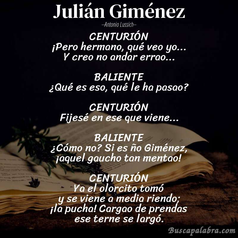 Poema Julián Giménez de Antonio Lussich con fondo de libro
