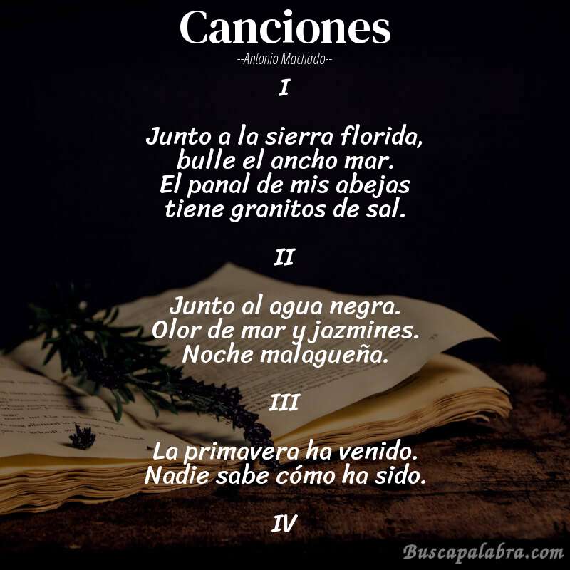 Poema Canciones de Antonio Machado con fondo de libro