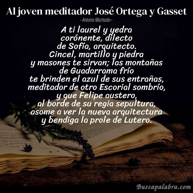 Poema Al joven meditador José Ortega y Gasset de Antonio Machado con fondo de libro