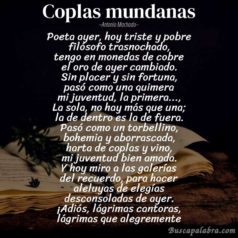 Poema Coplas mundanas de Antonio Machado con fondo de libro