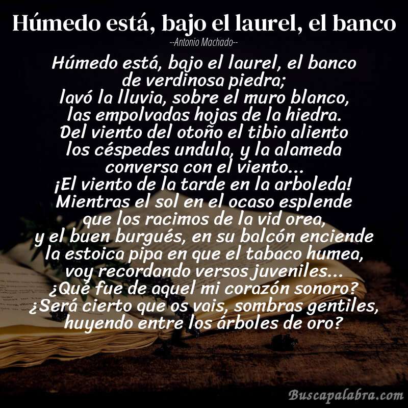 Poema Húmedo está, bajo el laurel, el banco de Antonio Machado con fondo de libro