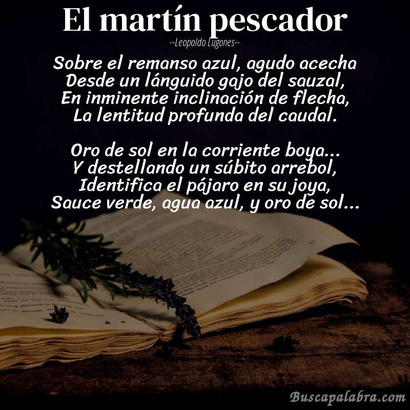 Poema El martín pescador de Leopoldo Lugones con fondo de libro
