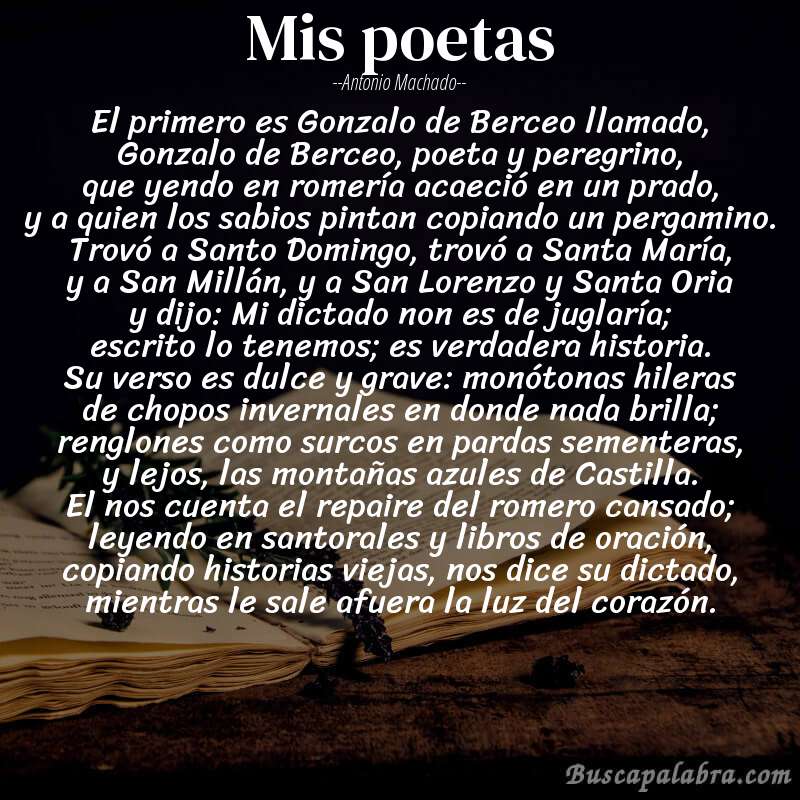 Poema Mis poetas de Antonio Machado con fondo de libro
