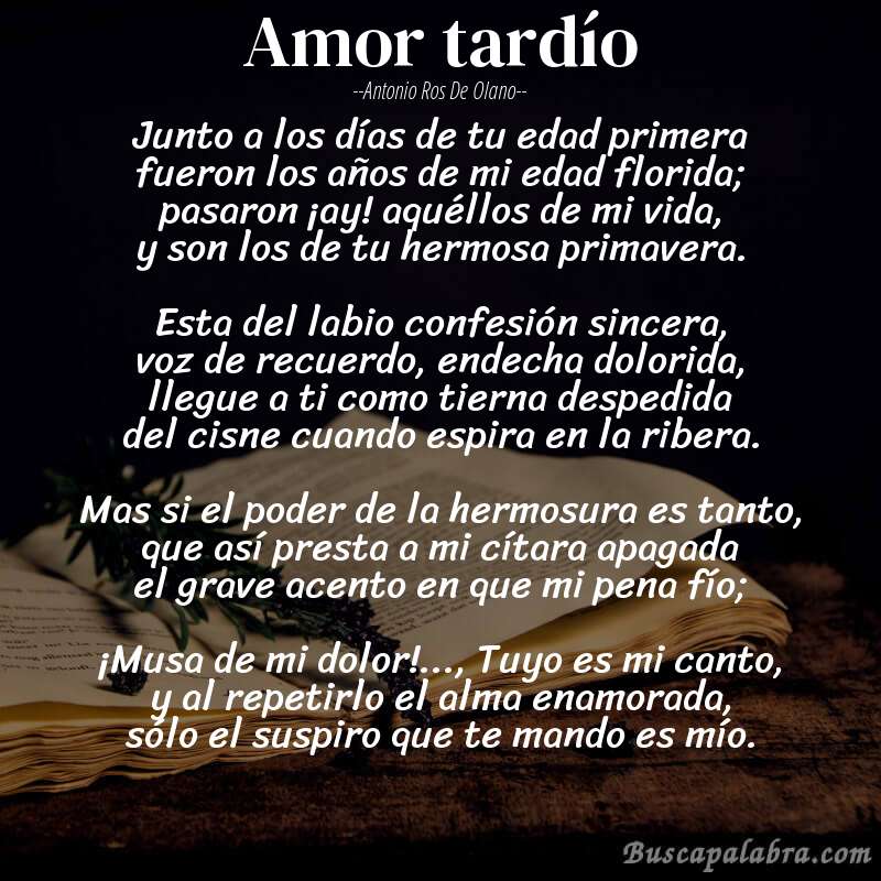 Poema Amor tardío de Antonio Ros de Olano con fondo de libro