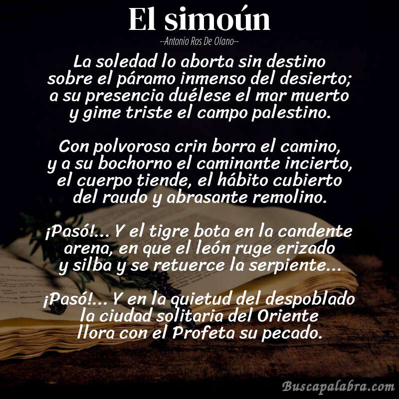 Poema El simoún de Antonio Ros de Olano con fondo de libro