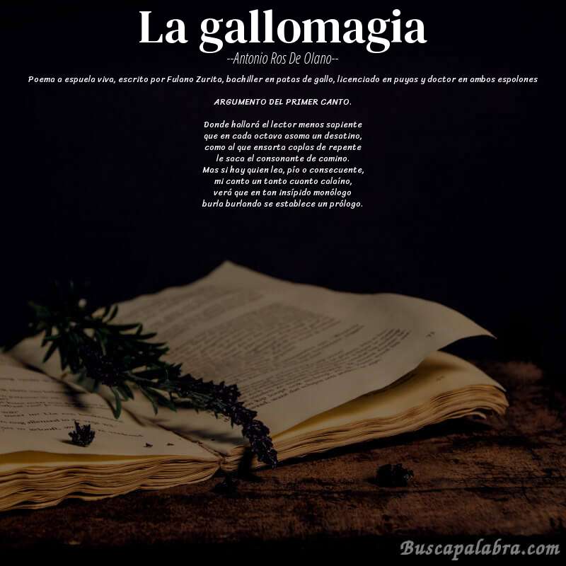 Poema La gallomagia de Antonio Ros de Olano con fondo de libro